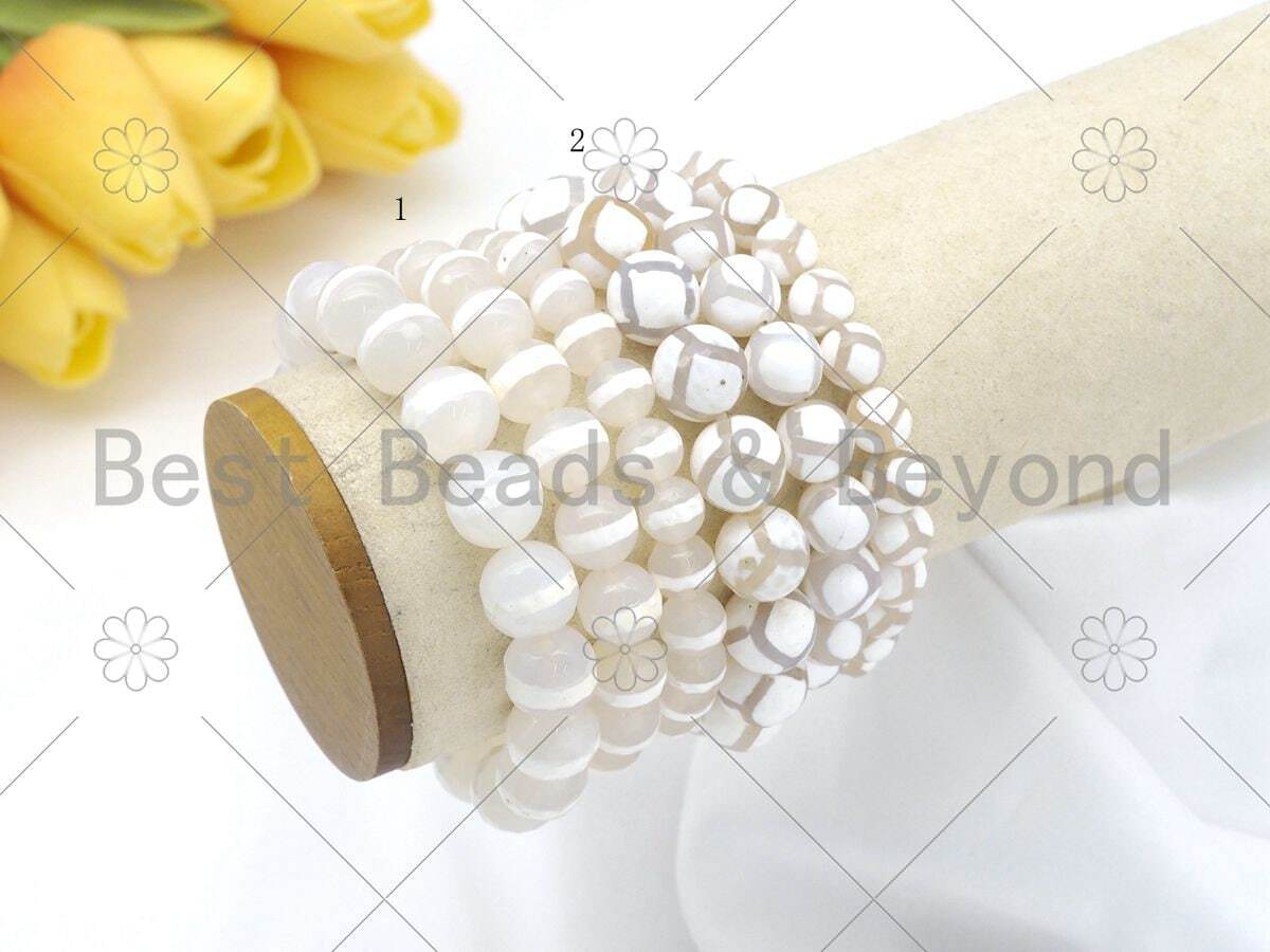 Natural White Tibetan Agate 8/10/12mm Handmade Round Stretch Bead Bracelet Reiki