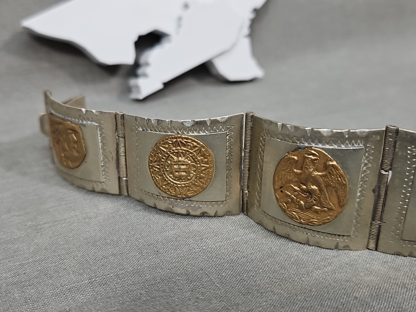 Vintage Alpaca Silver Mexico Two-Tone Mayan Sun Eagle Warrior 6¾” Panel Bracelet