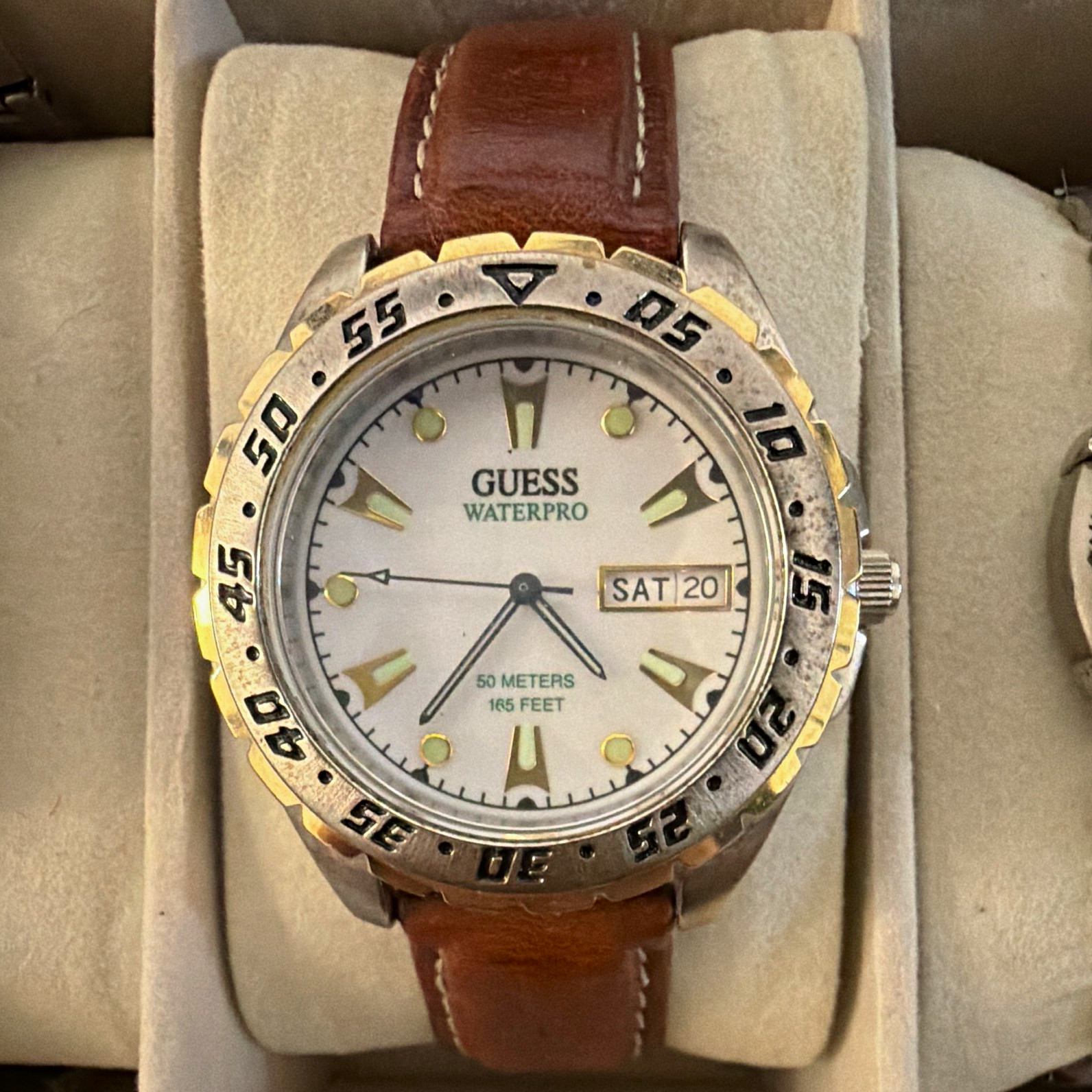 GUESS Waterpro Quartz Analog Day/Date 50m Brown Leather Strap Watch