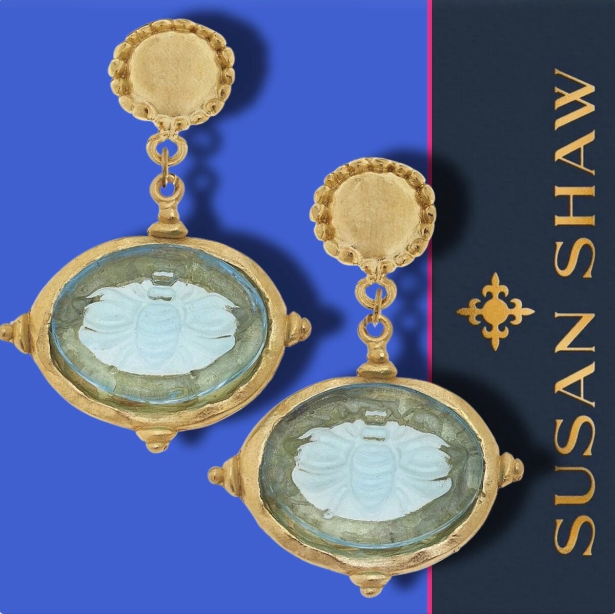 Susan Shaw Earrings Venetian Glass Intaglio Bee Cab 24K TPG Jewelry Gift