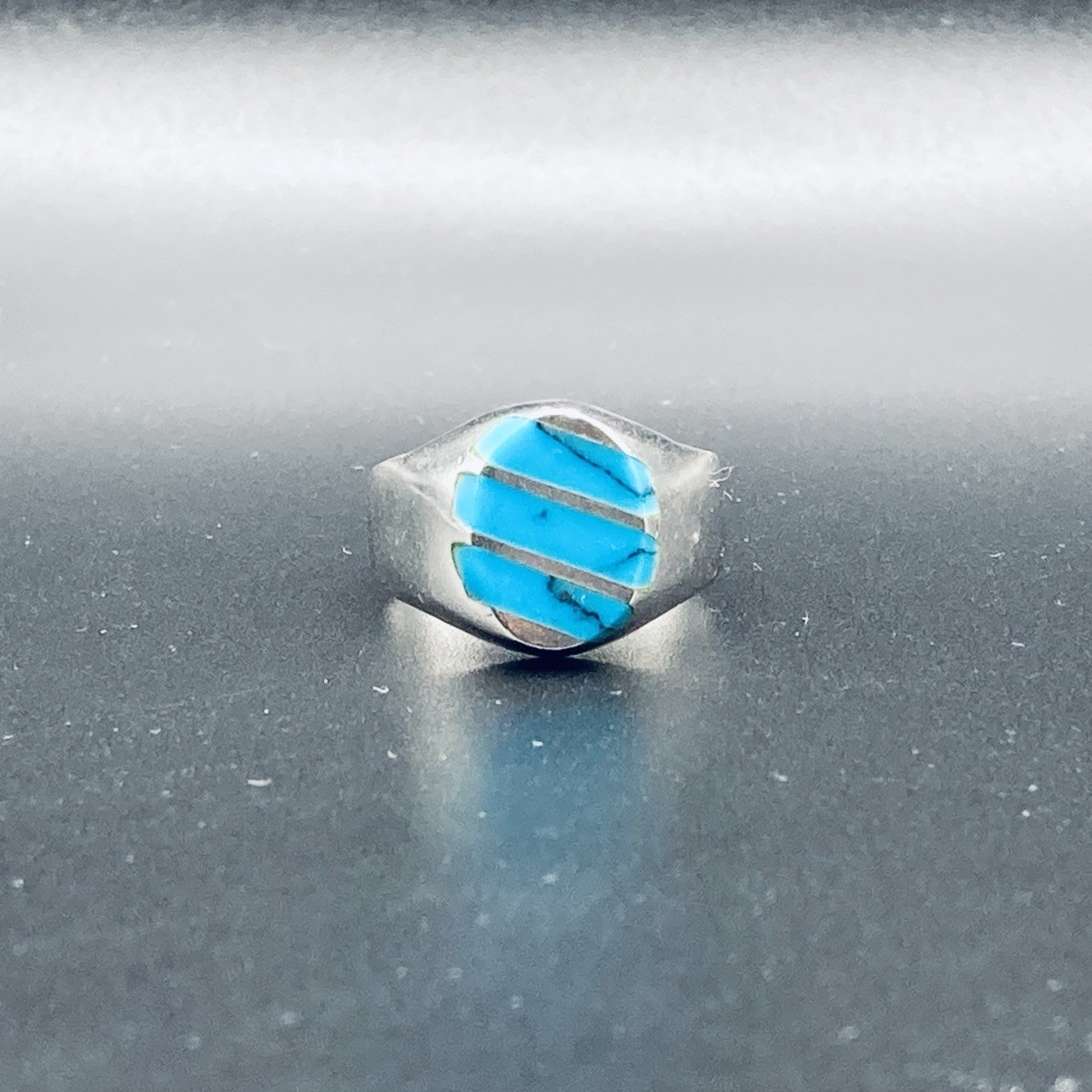 Vintage Taxco 925 Sterling Silver Turquoise Signet Ring Size 10 Linear Inlay 9g