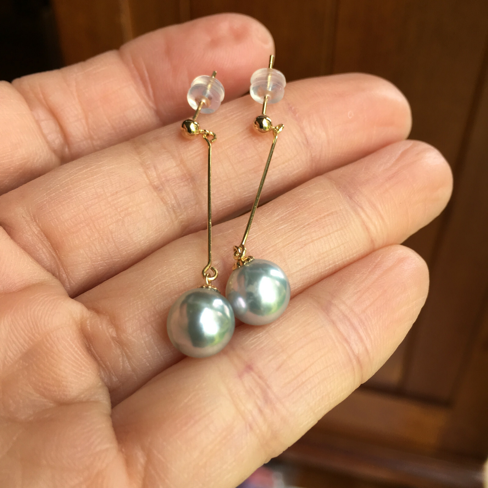 8mm Japan Seawater Akoya Fairy Pearl Earring stud 18K Gold 9.8cts 37.5mm #132