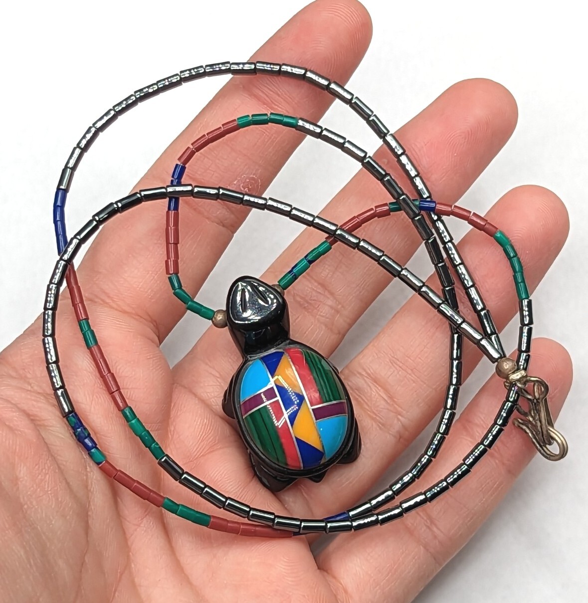 Multi Color Inlay Black Stone Carved Turtle Southwestern Beaded Necklace 25″