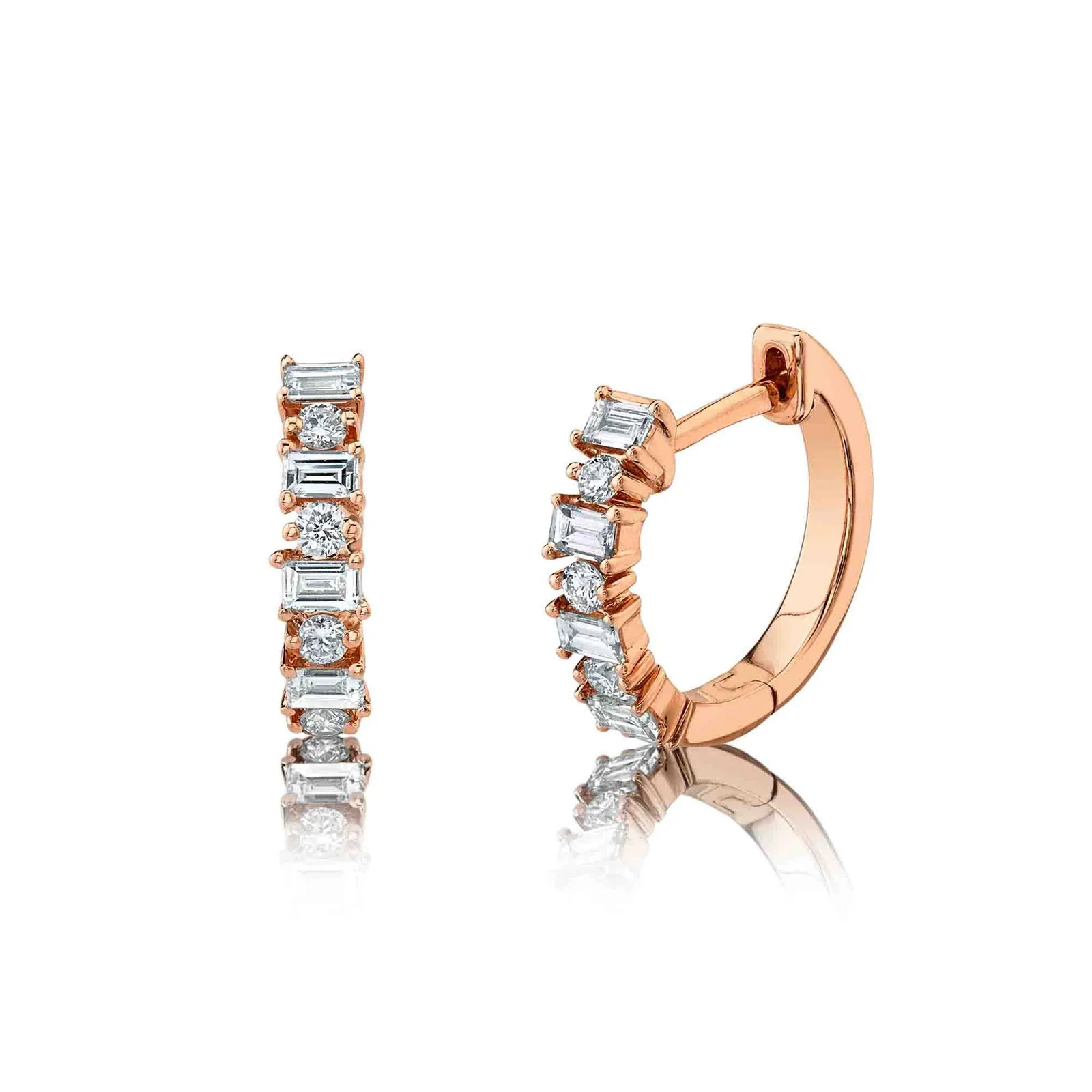 0.42ct Baguette and Round Cut Diamond Huggie Earrings