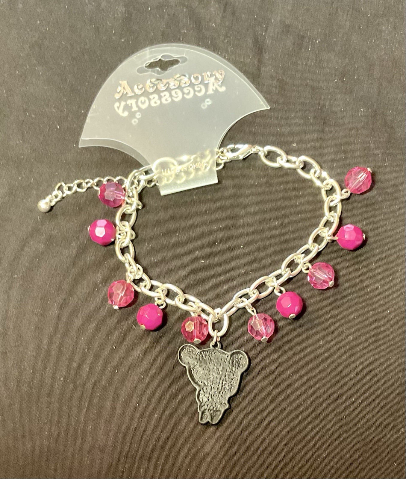 Pucca Anime Charm Bracelet Silver Tone Pink Faceted Beads Adjustable NEW Kawaii