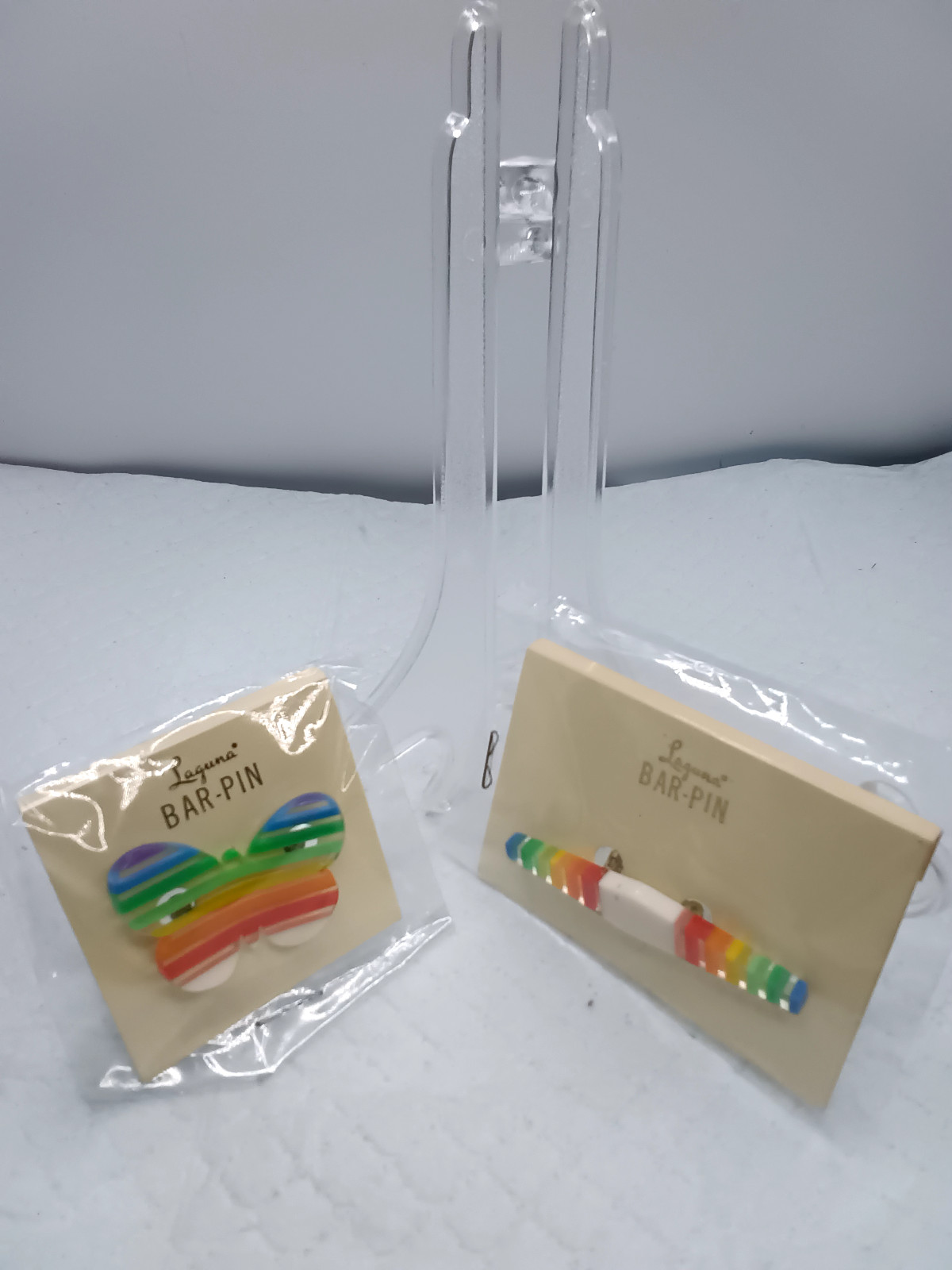 1950s Laguna Lucite Pins-1 Butterfly Pin,1 Bar Pin-Rainbow Colors! New Old Stock