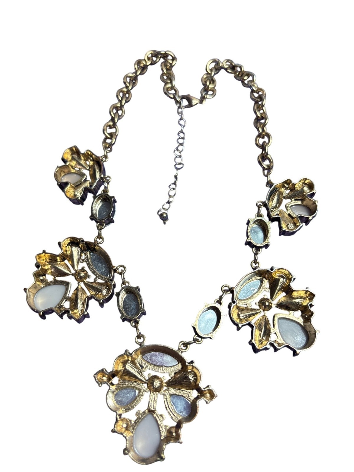 Goldtone Clear White Mauve Rhinestone Bib Necklace Statement 17 – 20 inches Long