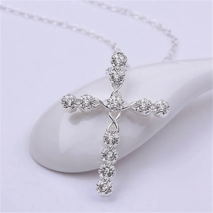 Womens 925 Sterling Solid Silver charm Cross Pendant Necklace 18” Link Chain