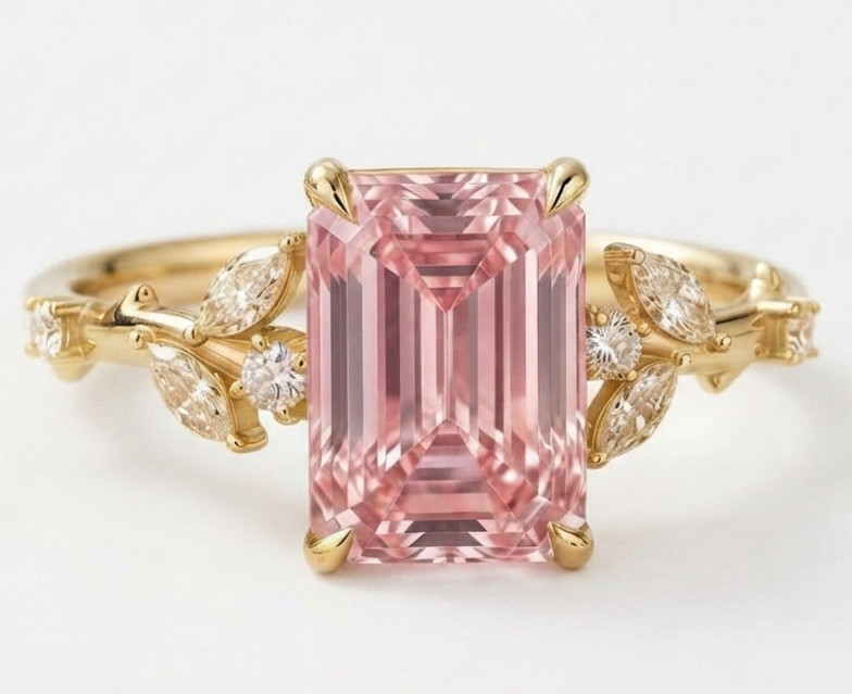 RARE 4.40 Ct Certified Emerald Cut Pink Natural Diamond Ring Yellow Gold Finish