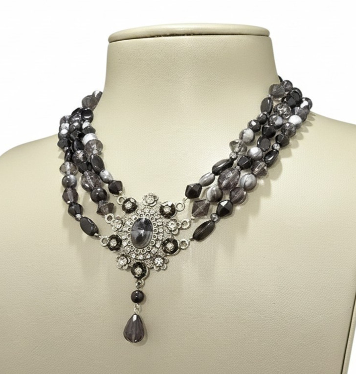 Stephan & Co Women’s Multi Layered Black Gray Acrylic Resin Necklace NWT