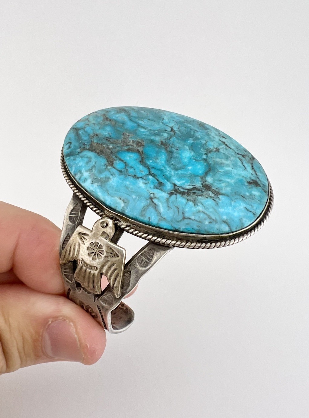 Fred Harvey Navajo Sterling Silver Kingman Turquoise Thunderbird Cuff Bracelet