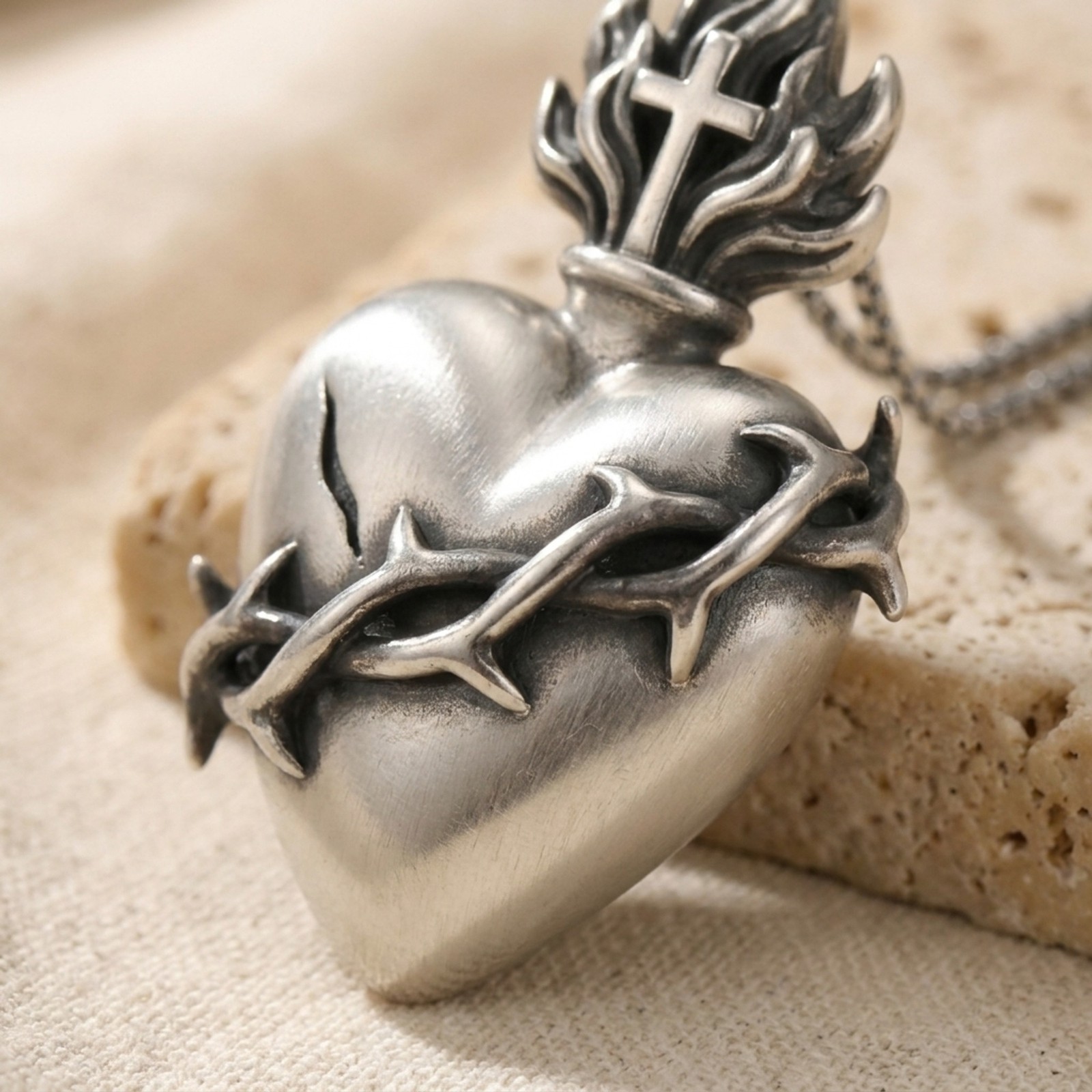 Handcrafted Sacred Heart Pendant 925 Sterling Silver Oxidized Crown Thorns