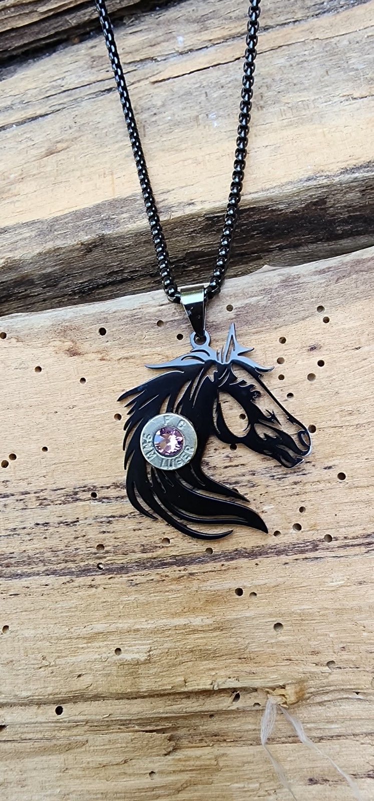 Black Stainless Horse Necklace with Nickel 9 mm Bullet Casing. Optional Color