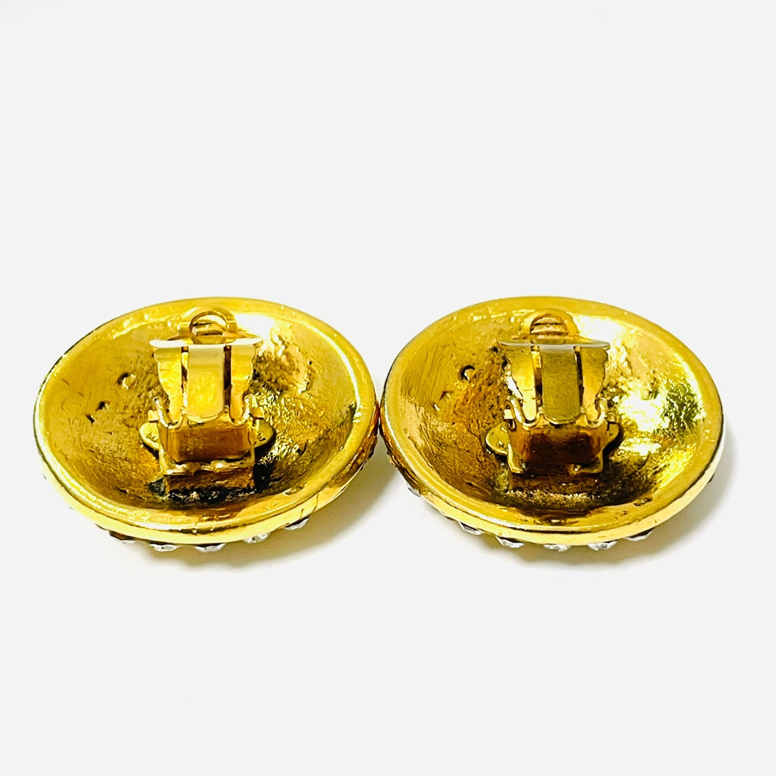 CHANEL 23 Coco Mark Rhinestone Earrings Gold CC Logo Vintage Clip-On JAPAN