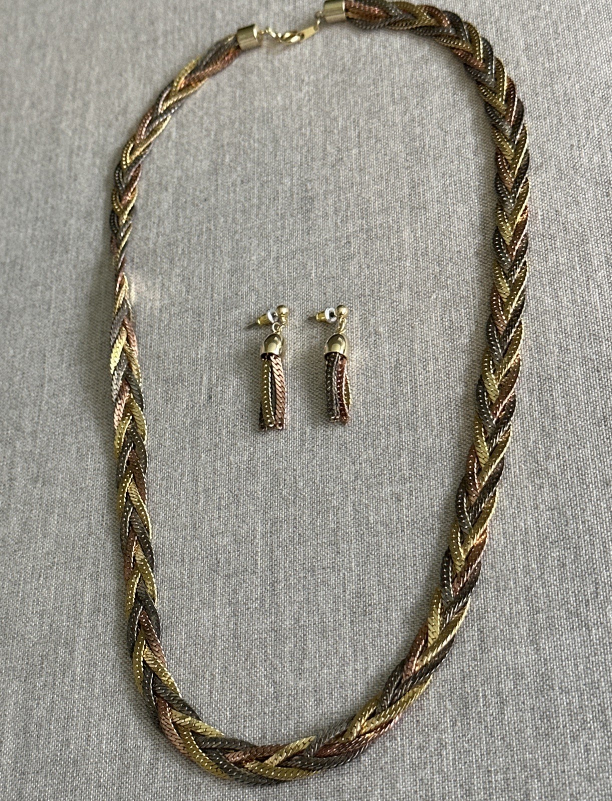 Vintage Tri Color Necklace Earrings Gold Silver Rose Braided Herringbone Chain