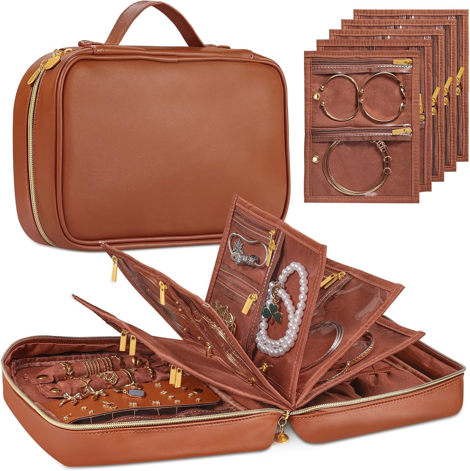 Leather Jewelry Case Organizer with Clear Pouch for Travel and Home Storage