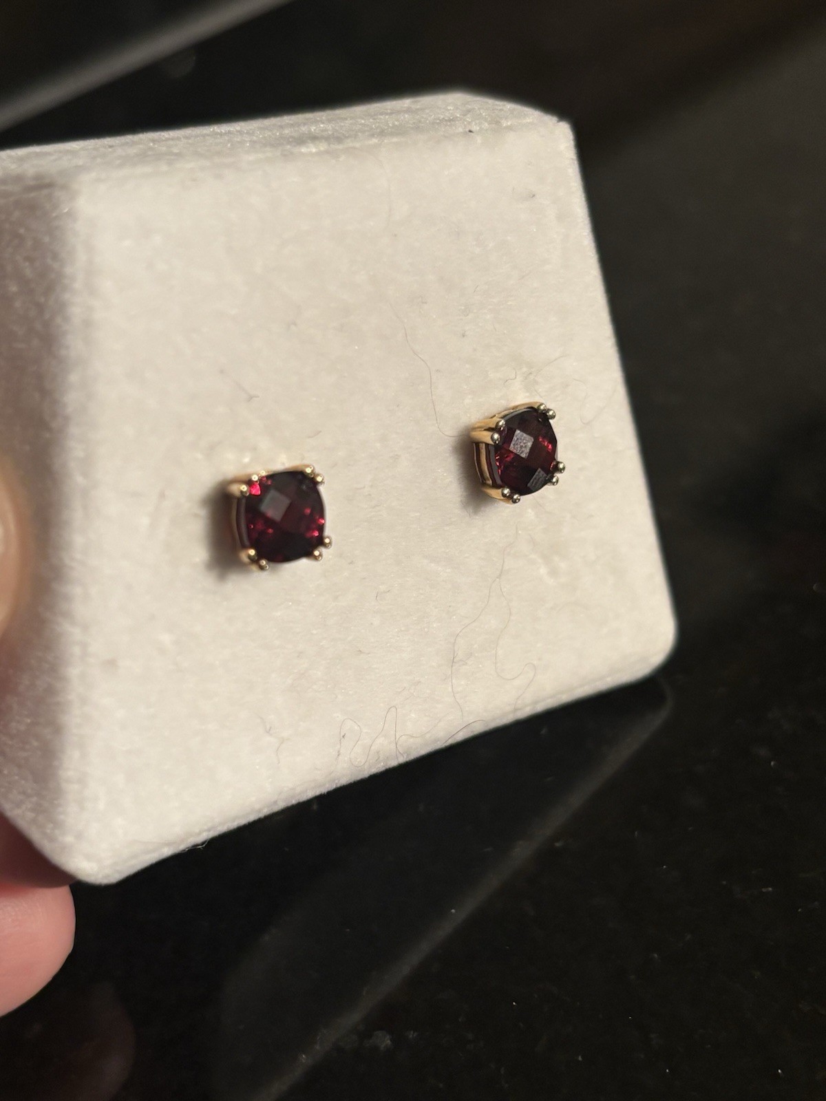 10K Yellow Gold Red Square Cushion Garnet Stud Earrings Prong Set Butterfly Back