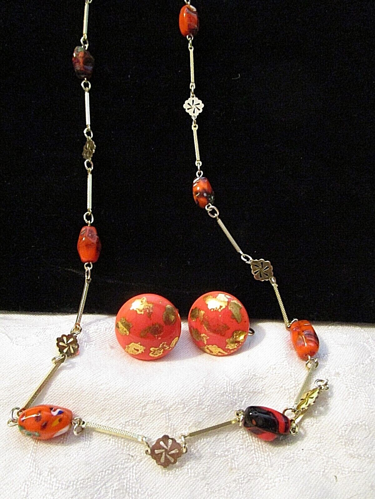 FAB VINTAGE Non-Identical ART GLASS NUGGET BEAD NECKLACE 1″ BAR LINKS + EARRINGS