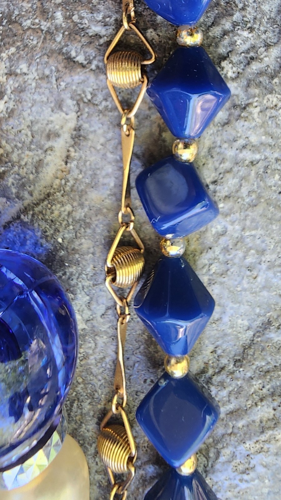 Vintage Upcycled 4 Strand Beaded Necklace. Blue An Gold