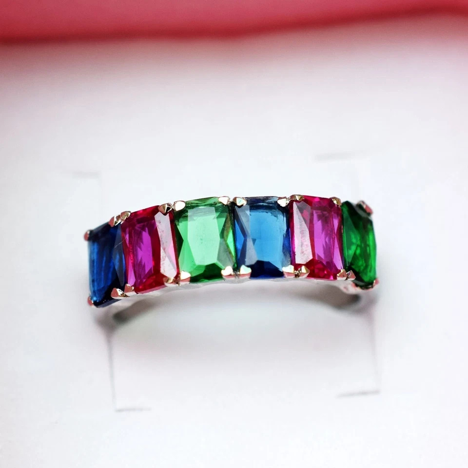 6×4 MM Created Sapphire Ring Half Eternity Band 925 Sterling Silve