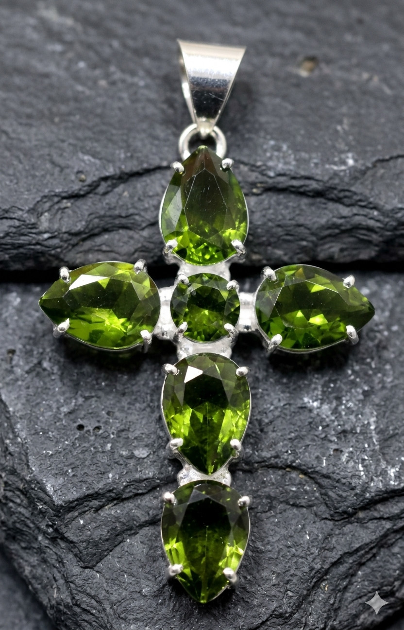 Green Peridot Gemstone Cross Pendant 925 Sterling Silver Artisan Jewelry S-1.50″