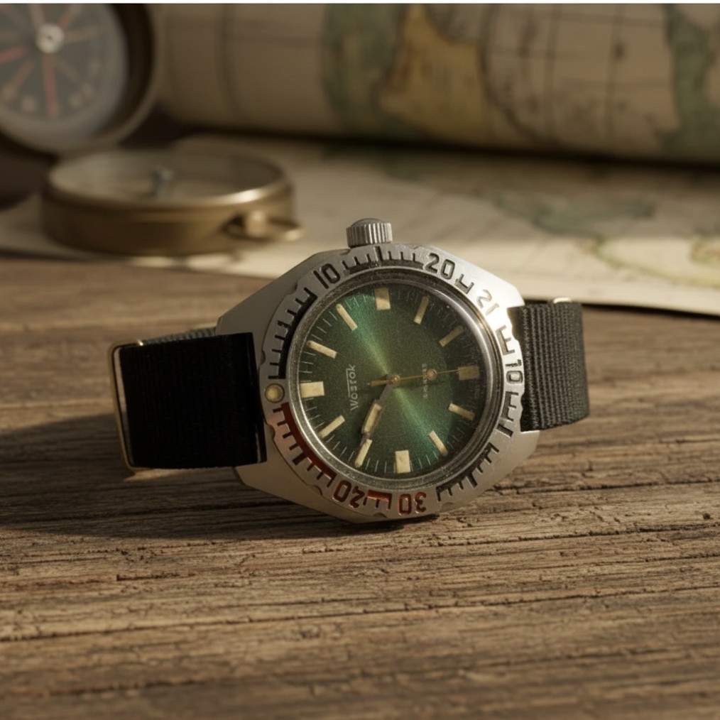 Vintage Mens Watch Vostok Amphibia Komandirskie USSR 17 Jewels Green Dial Steel