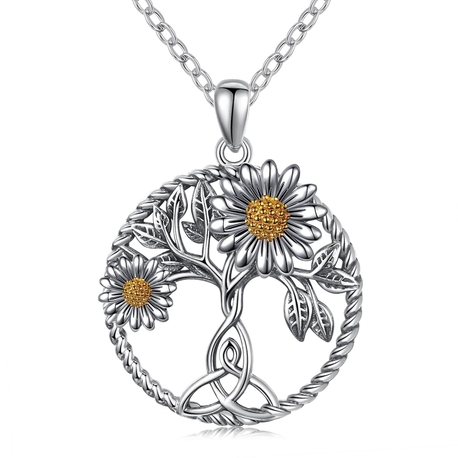 CHENGHONG 925 Sterling Silver Sunflower Necklace Tree Of Life G-Daisy Flower