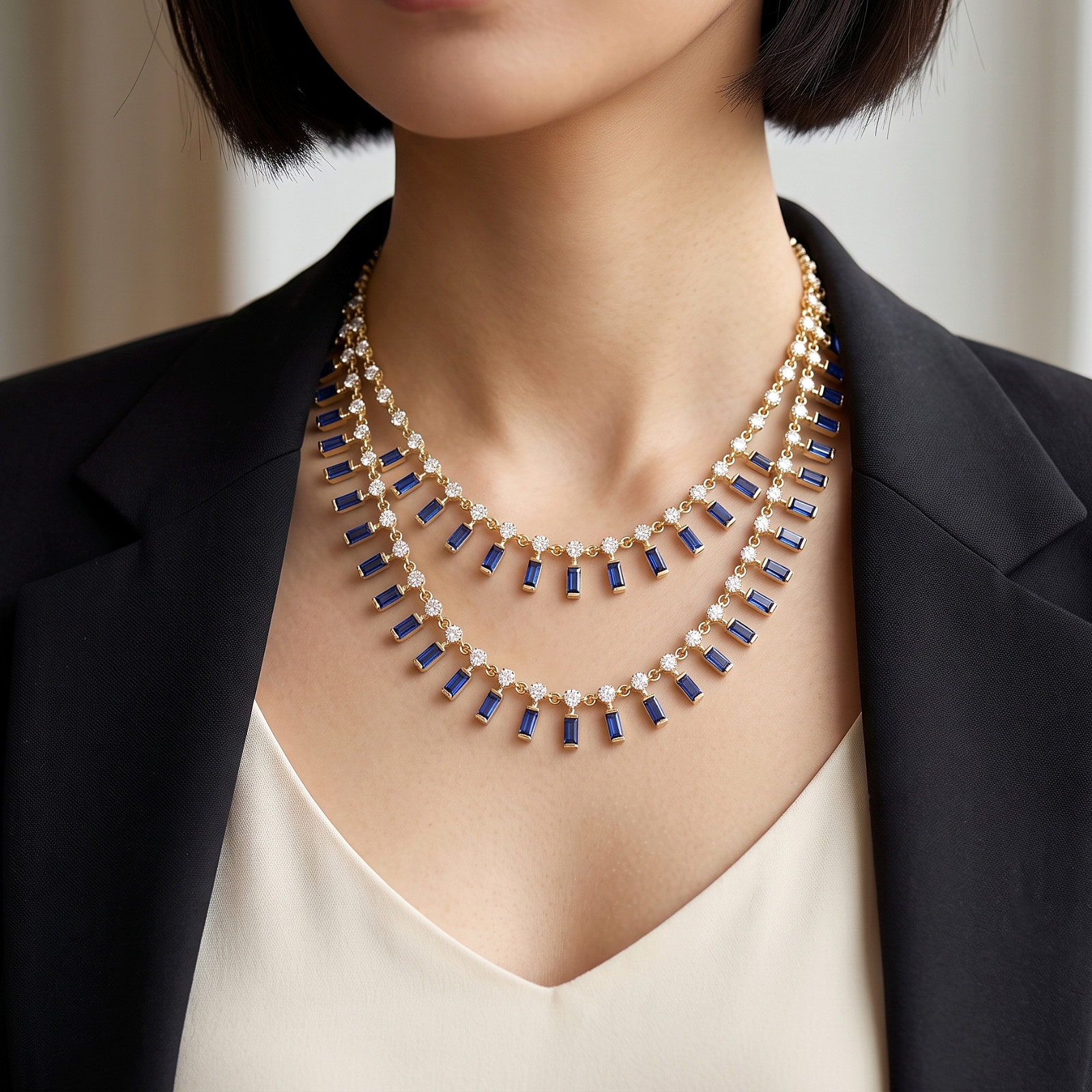 Natural Baguette Blue Sapphire & Diamond Station Necklace In 14k Yellow Gold Her