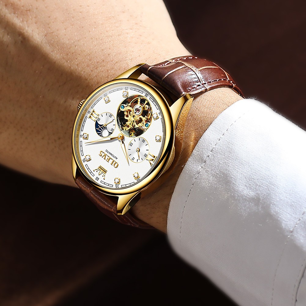 OLEVS 3601 Luminous Luxury Genuine Leather Strap Business Gents Automatic Watch