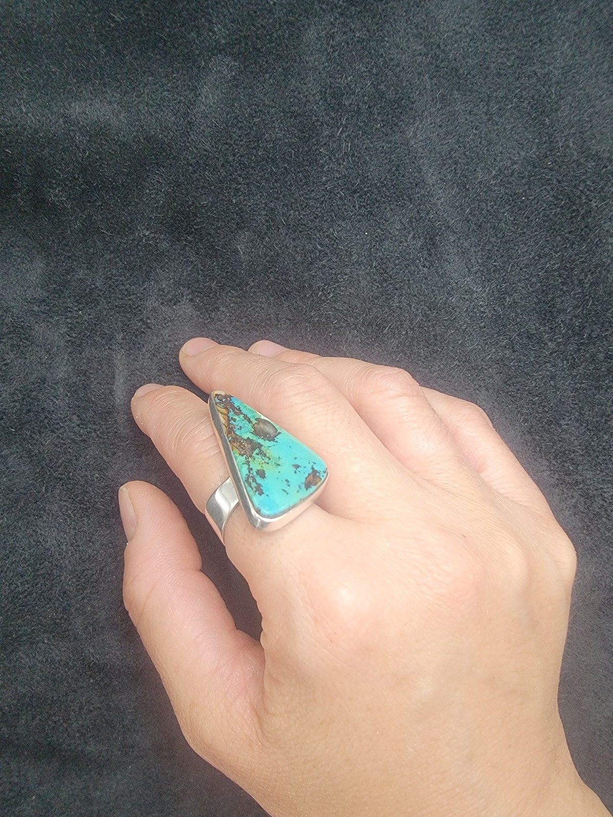 Big Blue Green Royston Turquoise Stone Adjustable Ring Signed 925 Sterling 13.5g