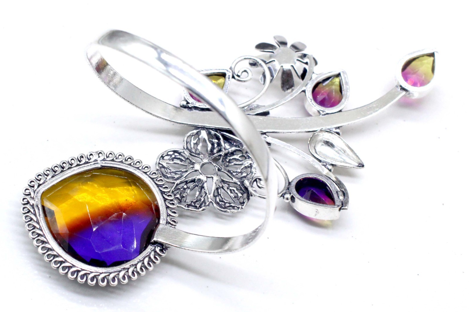 925 Sterling Silver Chrome Bi-Color Ametrine Gemstone Jewelry Cuff Bracelet