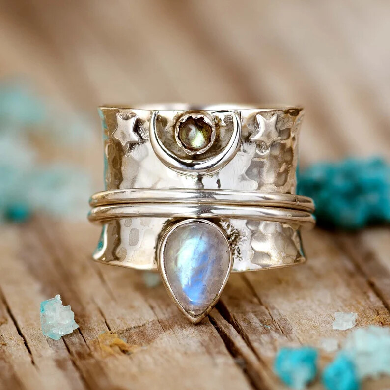 Moon Ring Labradorite Moonstone Ring 925 Silver Ring for Women Spinner Ring
