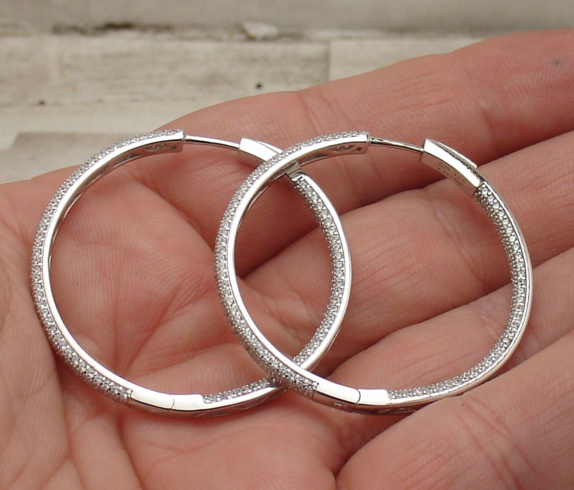1 1/2″ Inside Out Pave Set Diamonique CZ Hoop Earrings AntiTarnish 925 Silver