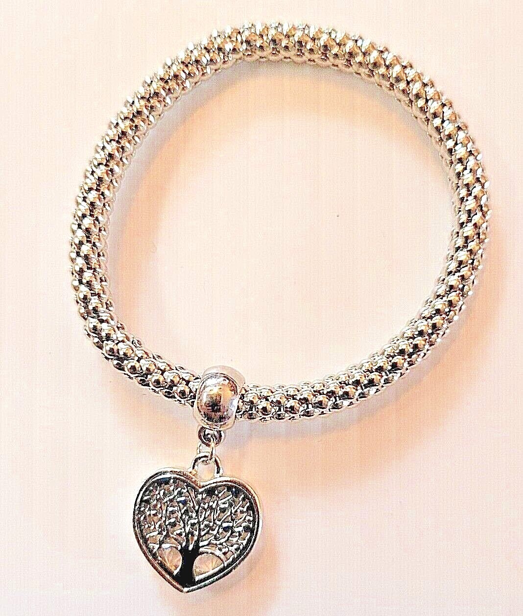 Metal Heart w Tree of Life insert on Stretch Rope-Chain Bracelet – 3 Diff Colors