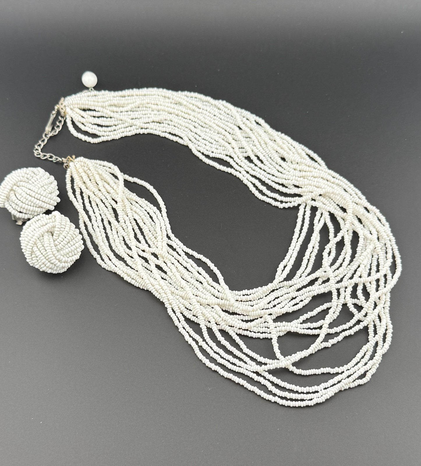 Vintage White Seed Bead Multi-Strand Statement Necklace and Clip-On Earrings