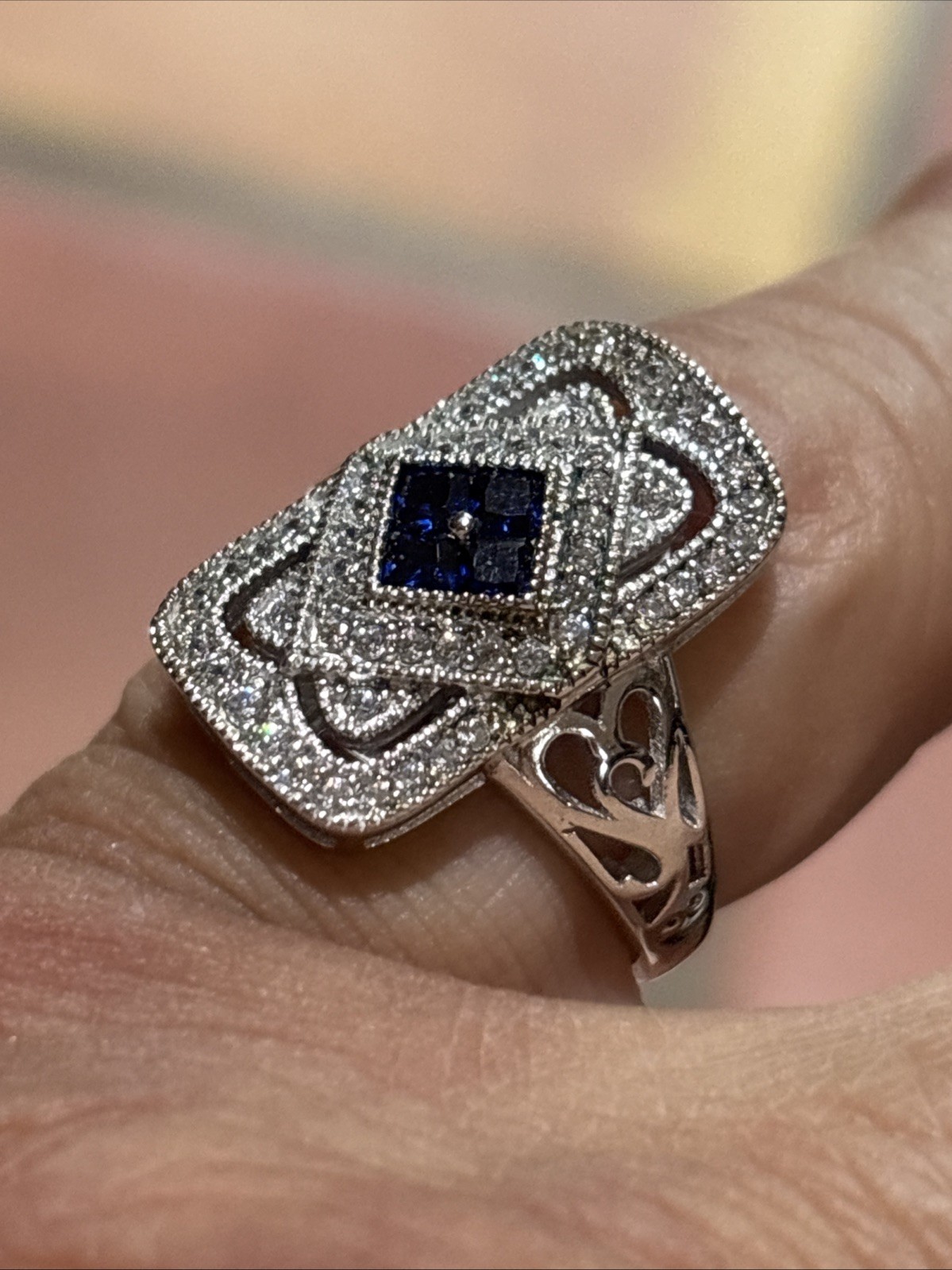 Rhodium Over Sterling Silver Bella Luce Blue Sapphire & Diamonds Ring Size 8 New