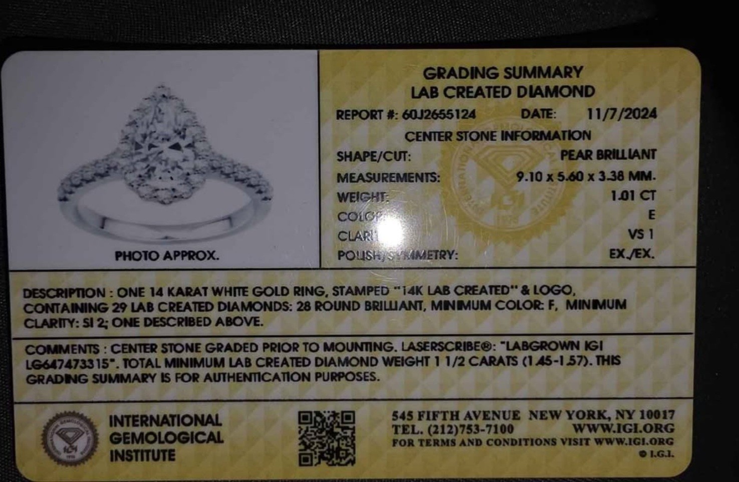 14K White Gold IGI Lab-Created Pear Diamond Halo Ring Size 5 1.45-1.57ctw