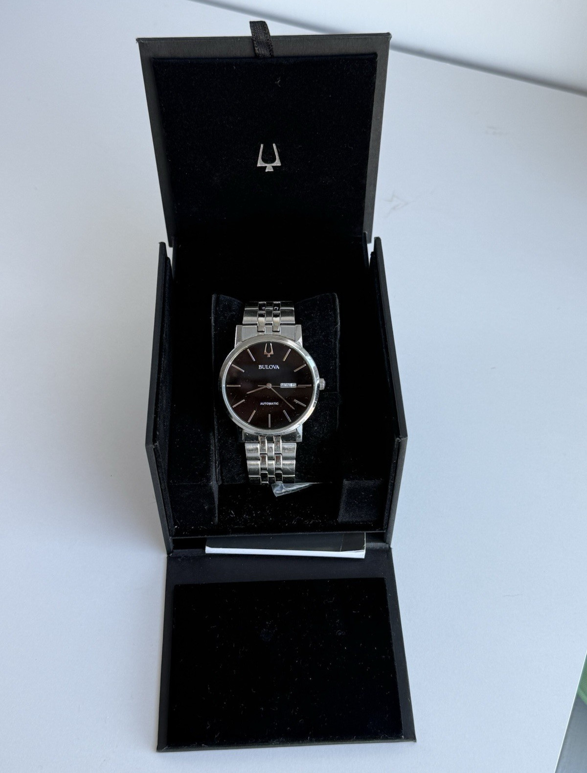 Bulova Men’s Automatic Diamond Accent Day/Date Black Dial SS Bracelet Box Papers