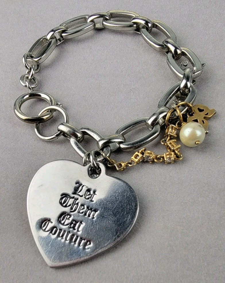Vintage Juicy Couture Charm Bracelet Let Them Eat Couture Silver Tone 7″
