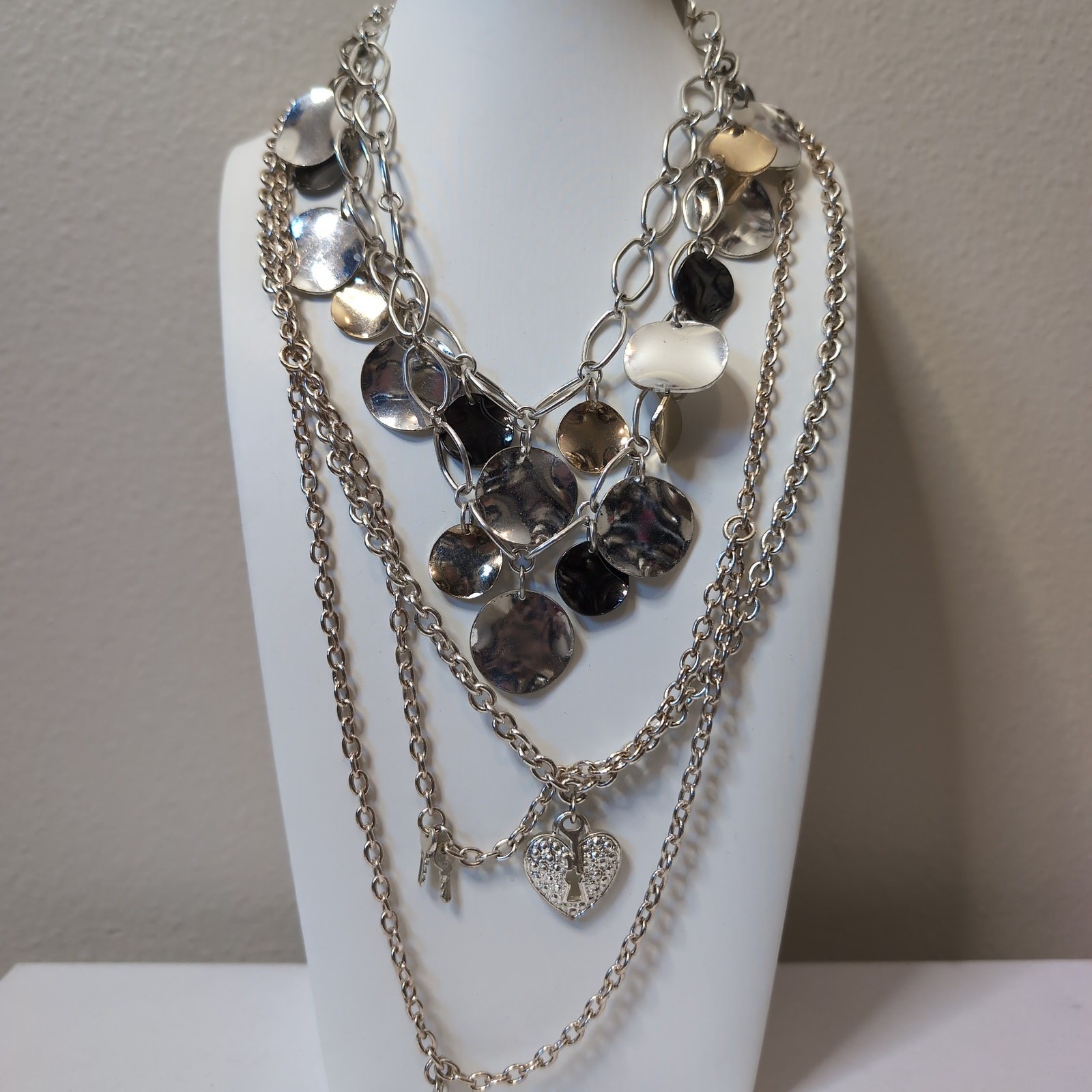 Layered Silver Tone Disc And Heart Charm Necklace Set
