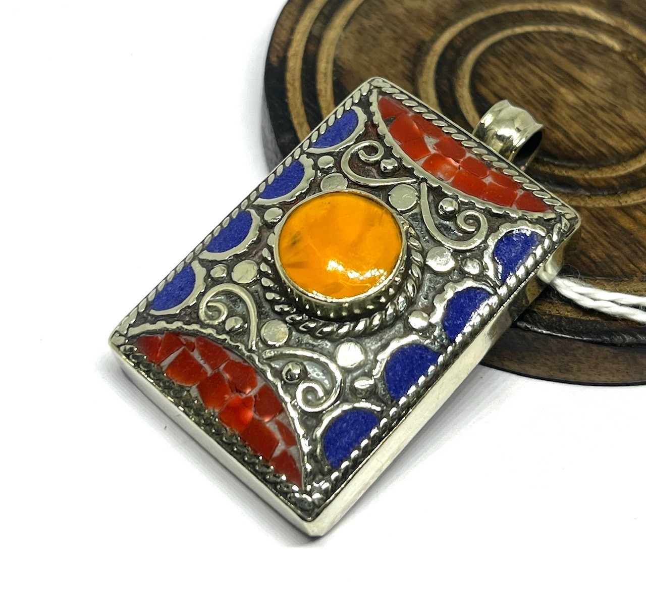 Ethnic Lapis Amber Gemstone Tibetan Traditional Pendant Jewelry, 2.0 inch