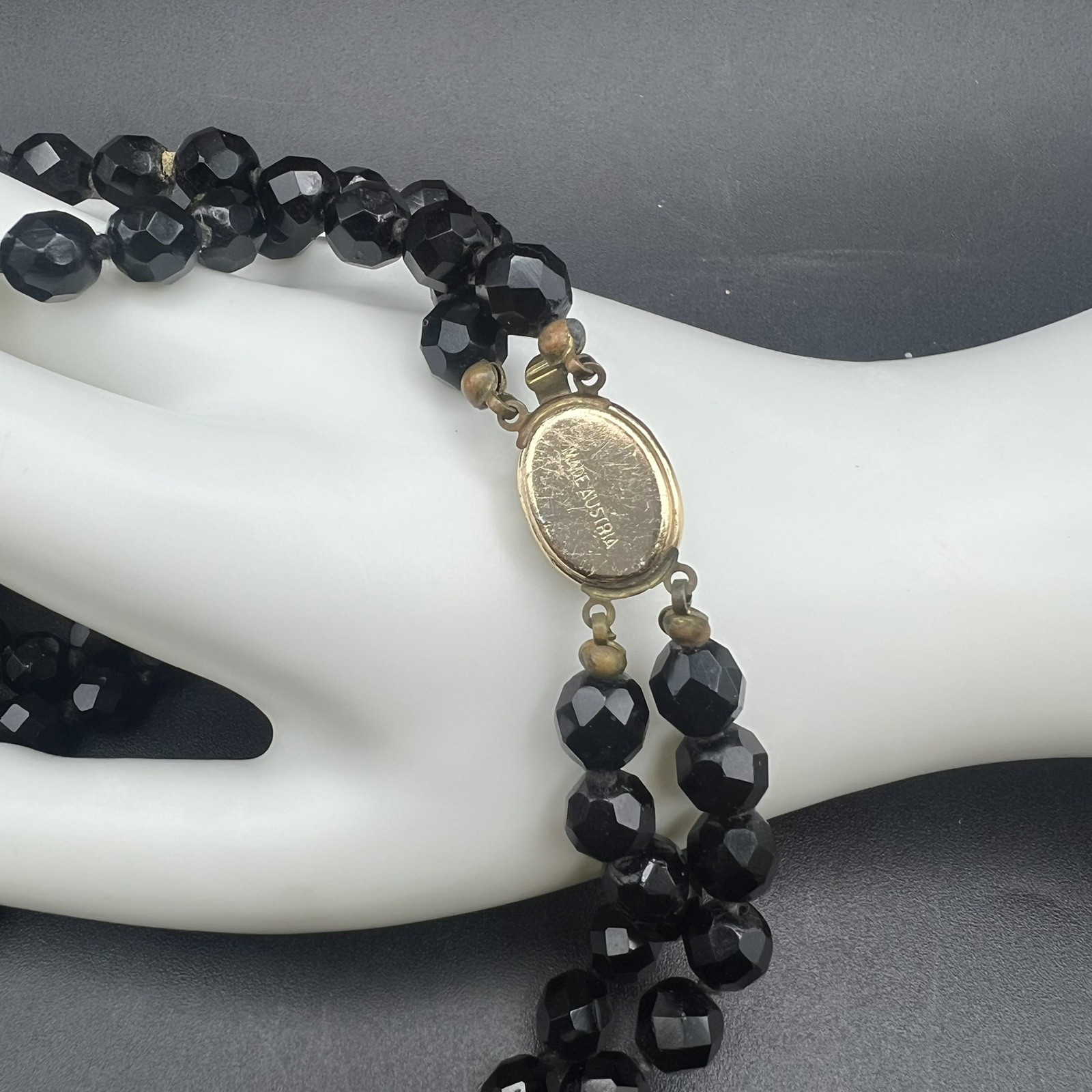 Vintage Faceted Jet Black Glass Double Strand Beaded Necklace Made in Austria