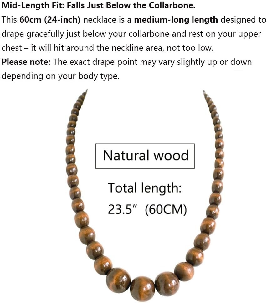 Natural Wood Beads Necklace for Men Women Wooden Chain Unisex Chunky Bead Neckla