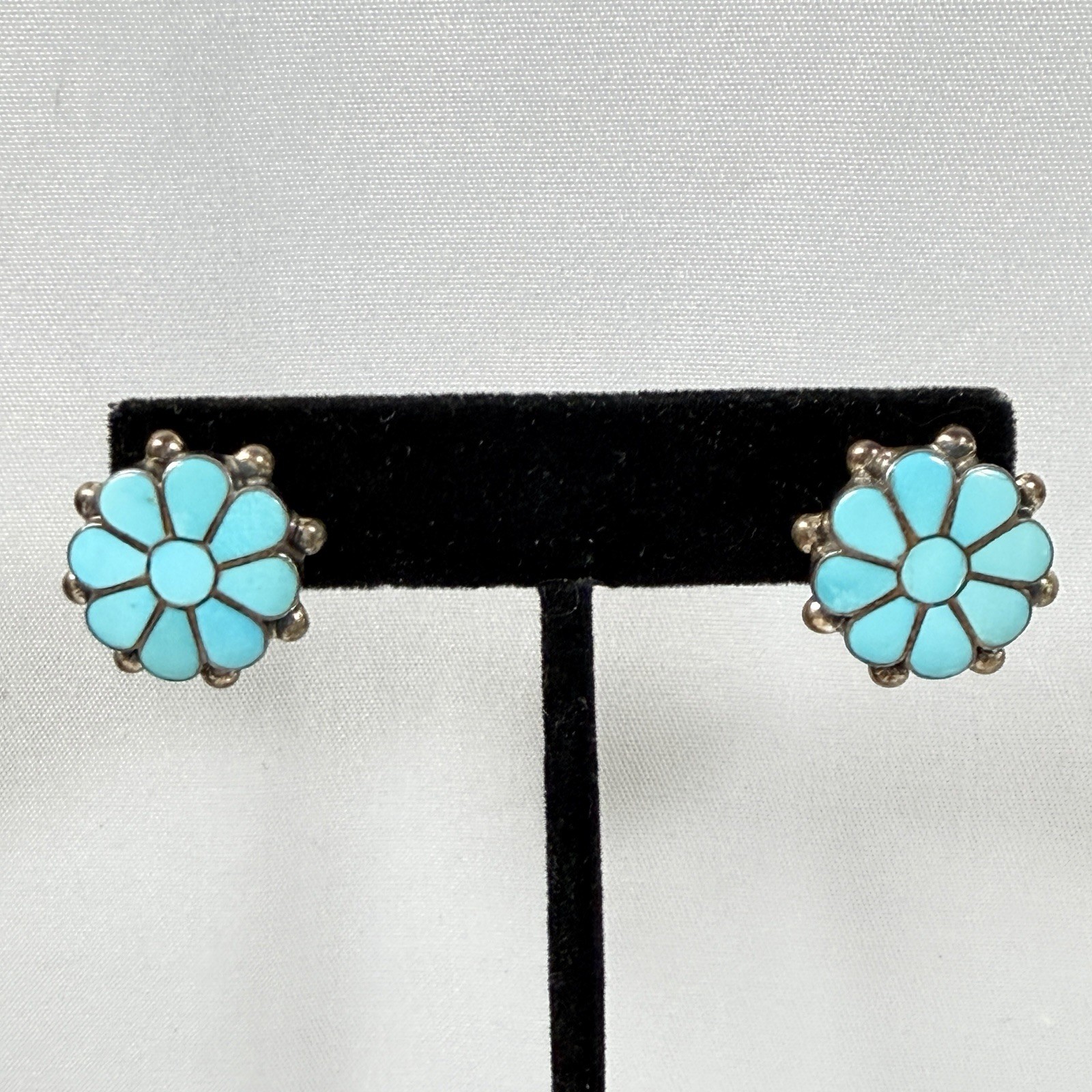 Vintage Frank Vacit Earrings Zuni Turquoise Inlay Sterling Silver Pierced READ