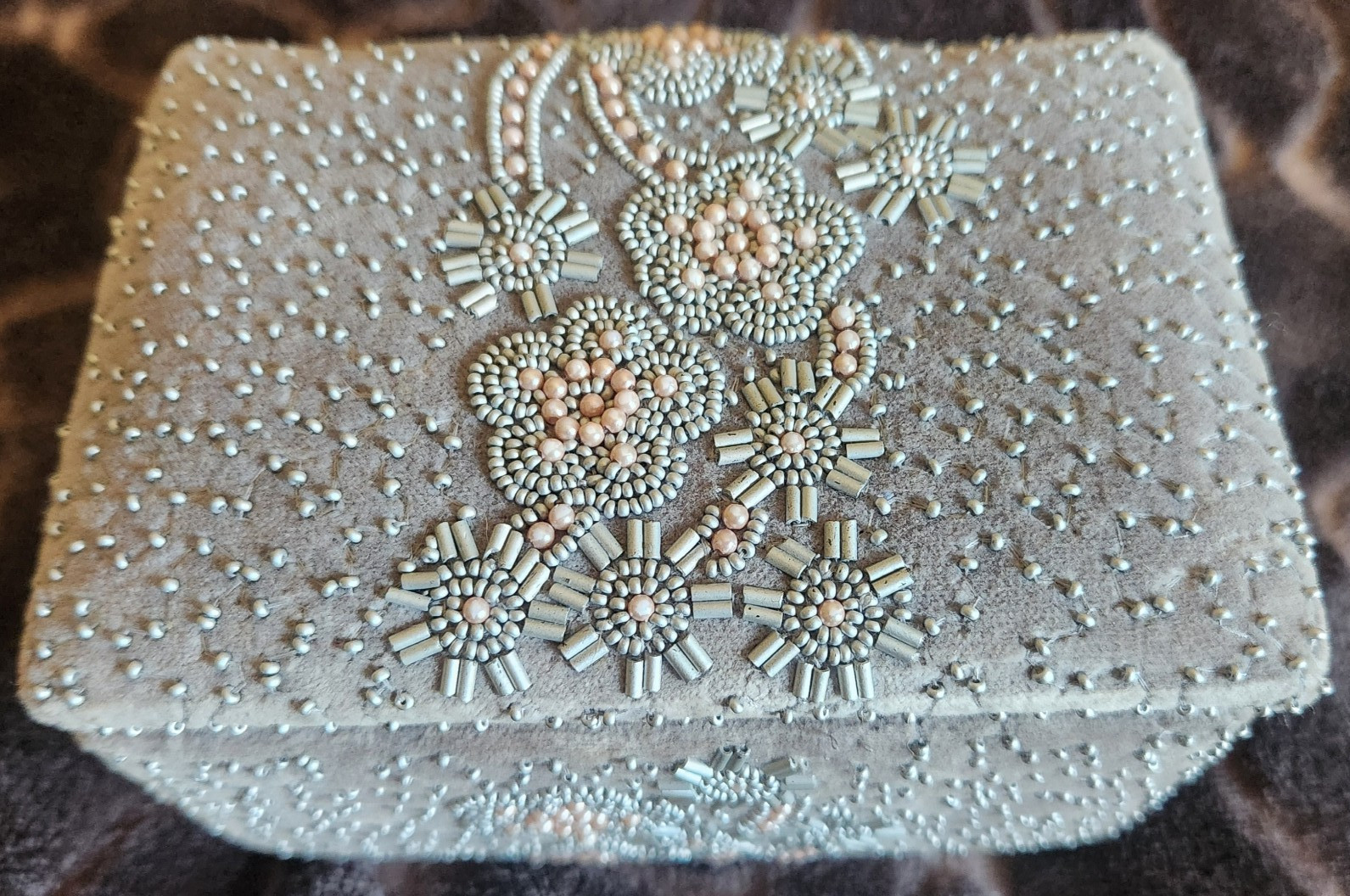 Gray Velvet Beaded Floral Jewelry Box w/ Mirror, Lined Ring Rolls, 6 Ring.