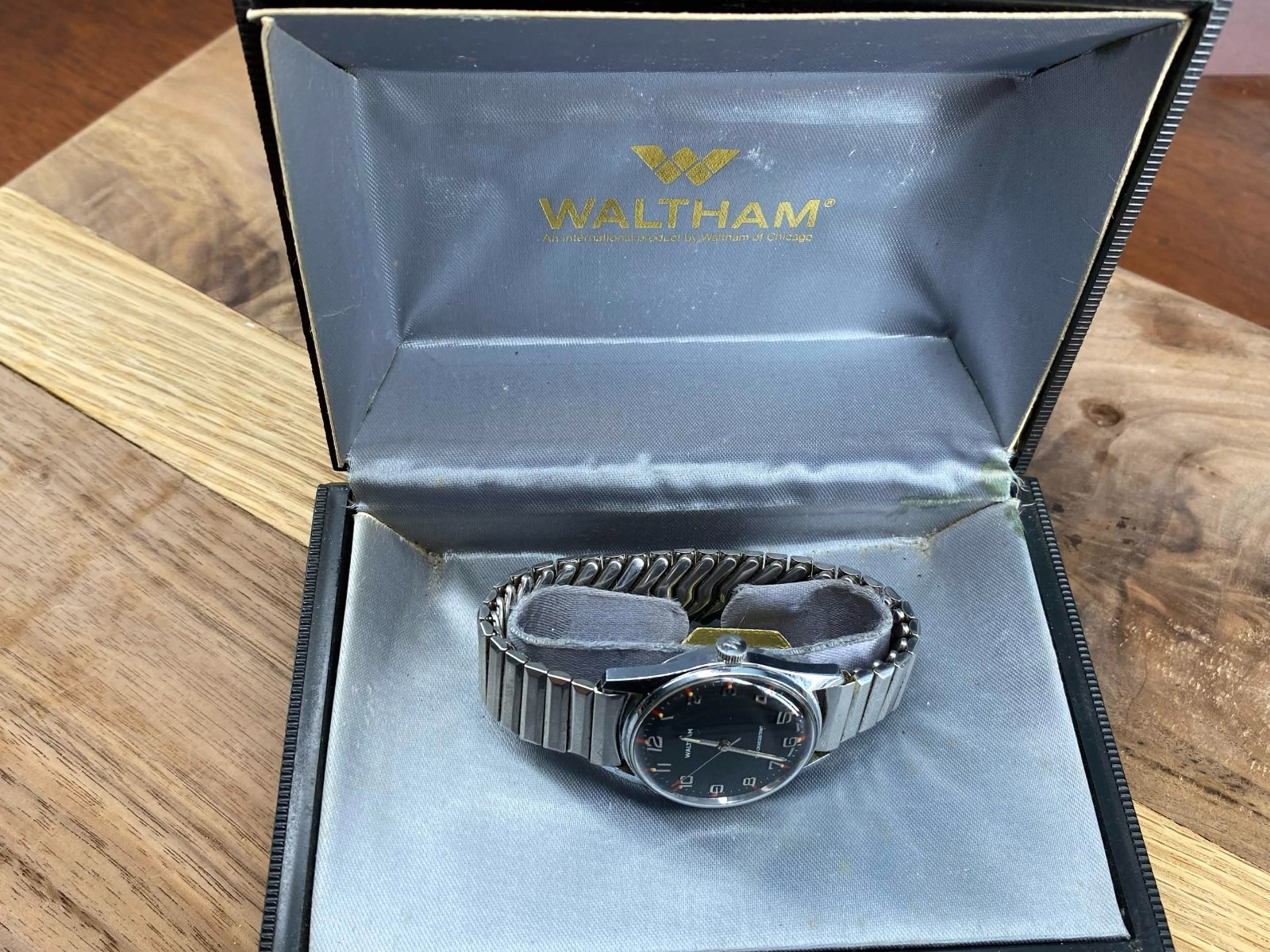 Vintage Waltham Swiss Mech. Watch Matte Black Dial Orange Racing Accent BOX