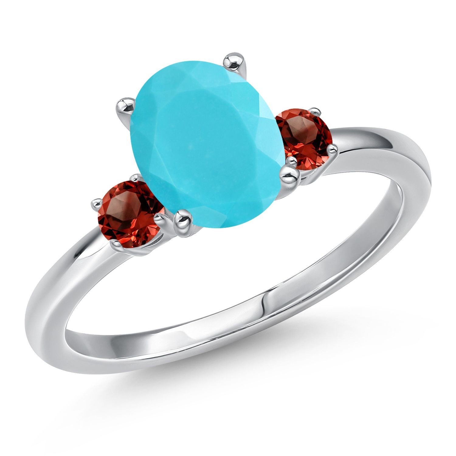 1.80 Ct Oval Green Turquoise Red Garnet 14K White Gold Ring