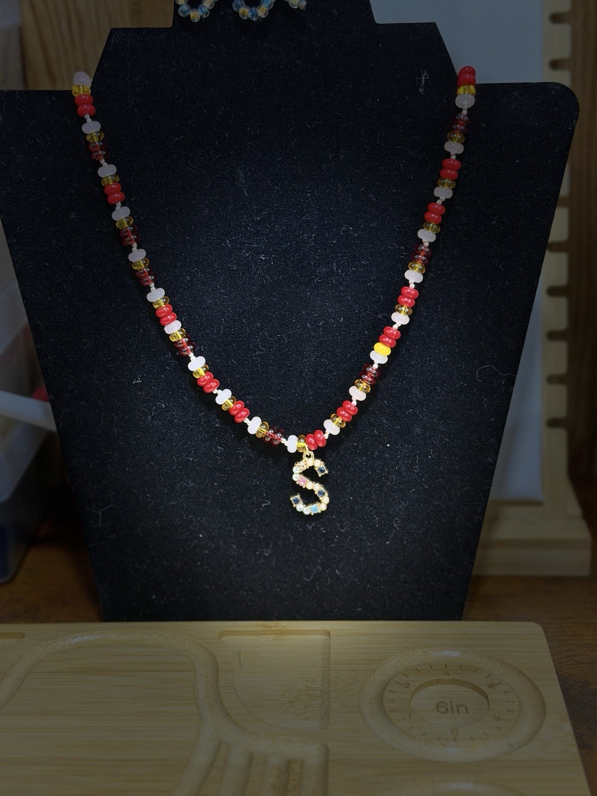 HRed White Gold Beaded Ball Chain Necklace Crystal Letter S Alphabet Pendant