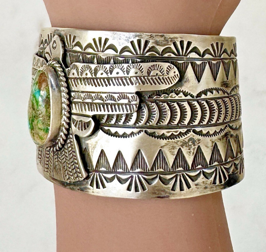 Wide Navajo Thunderbird Turquoise Cuff Bracelet 7in Charles Johnson 88g Stamped