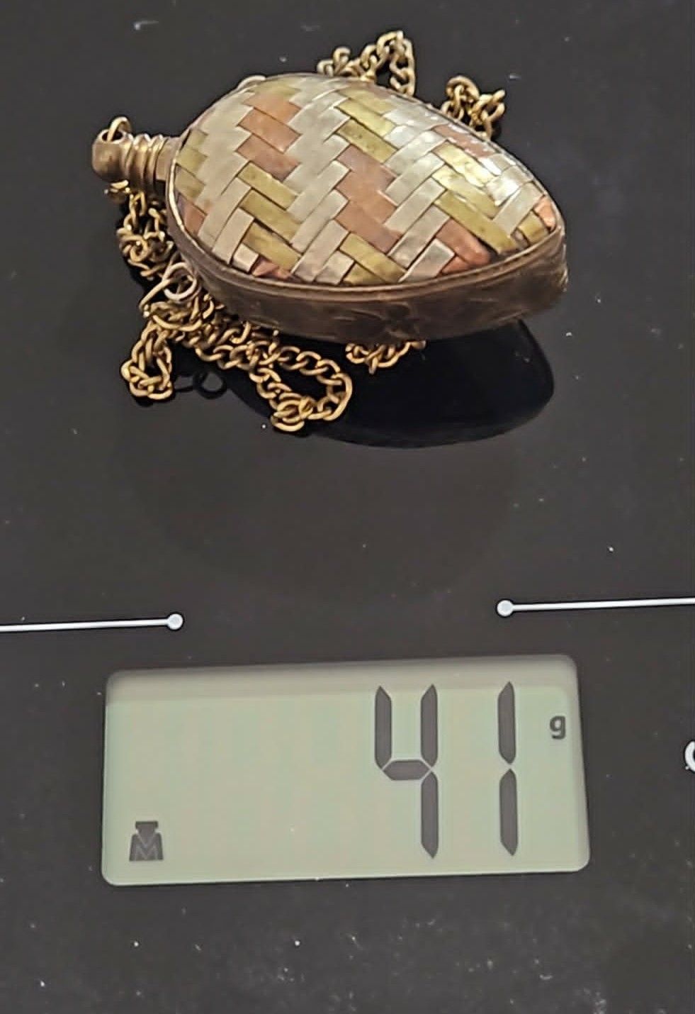 Vintage Perfume Bottle Necklace Pendant Chatelaine Woven Mixed Metal Flask 41g